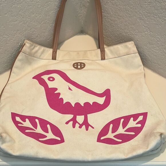 Tory Burch Handbags - Tory Burch Lorenzo Bird Canvas Tote Beige Pink Brown Leather Trim Casual Travel
